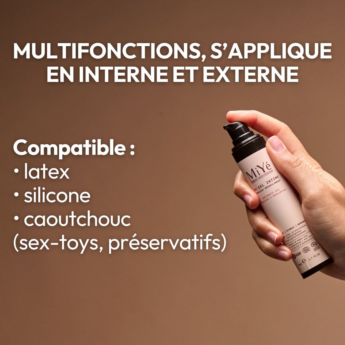 Le gel intime est multifonctions et s'applique en interne et externe, il est compatible avec le latex, le silicone et le caoutchouc