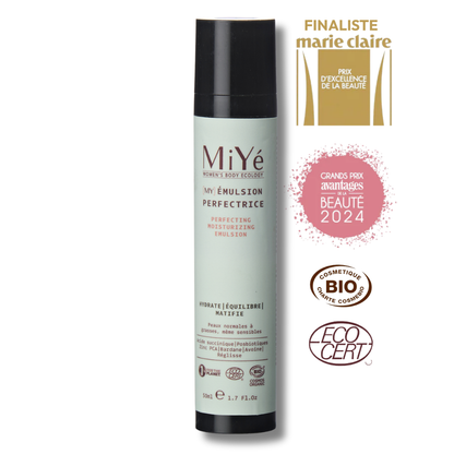 Emulsion perfectrice en tube, et ses macarons Finaliste du prix d'excellence de la beauté de Marie-Claire, grands prix avantages beauté 2024, certifié bio et EcoCert